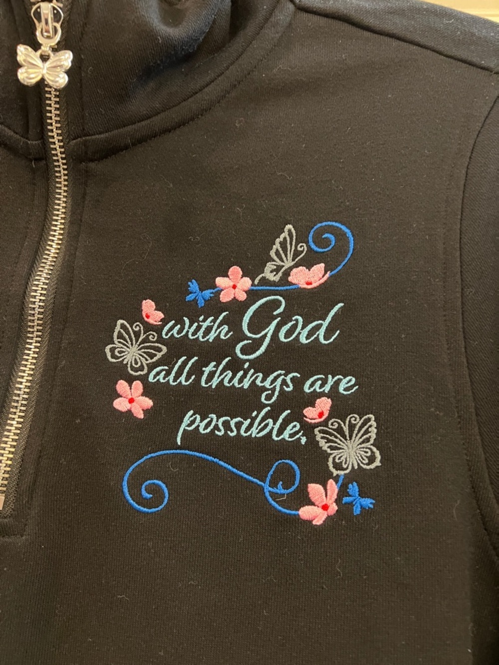 Danbury Mint Black Pullover with Pink and Blue Embroidery